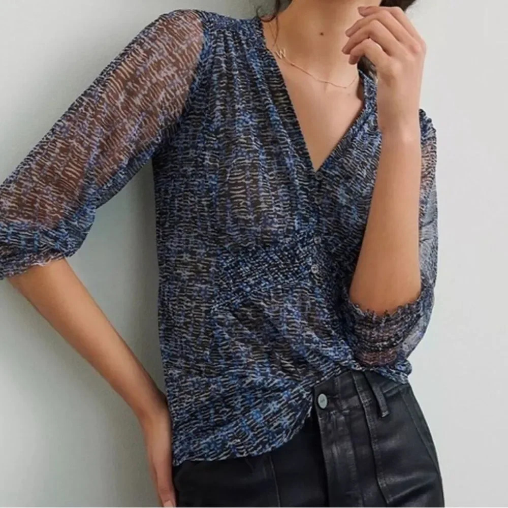 Anthropologie Blue Black Sheer V-Neck Blouse